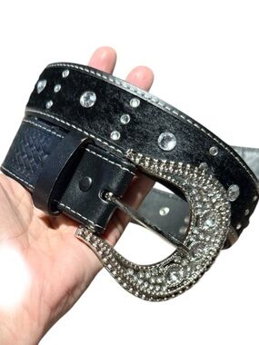 Black Rhinestone Western Belt removable Crystal Buckle faux fur woven leather